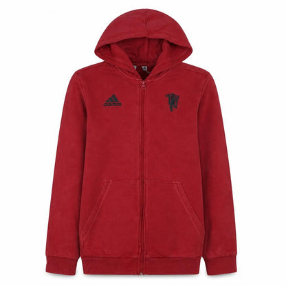 Front view of Adidas boys’ red full zip hoodie 15-16 years manchester united design