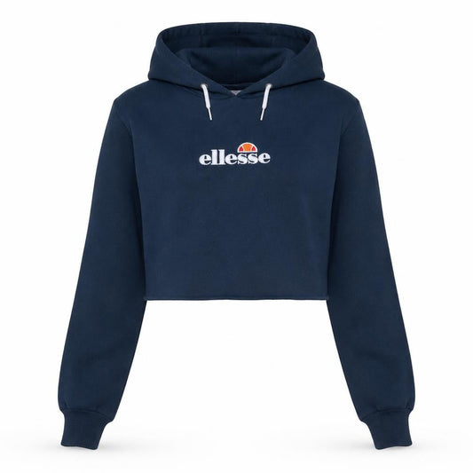 Front view of Ellesse Women's Navy Crop Pullover Hoodie, size 10, Cotton Blend