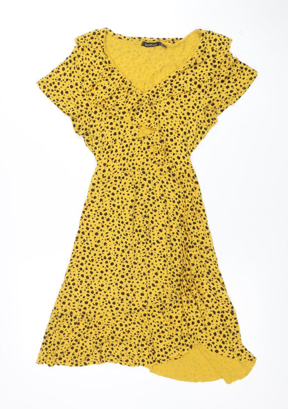 Boohoo Women’s Yellow Animal Print Wrap Dress Size 10 Short Sleeve