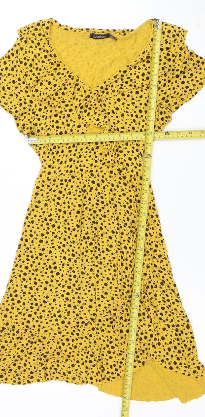 Boohoo Women’s Yellow Animal Print Wrap Dress Size 10 Short Sleeve