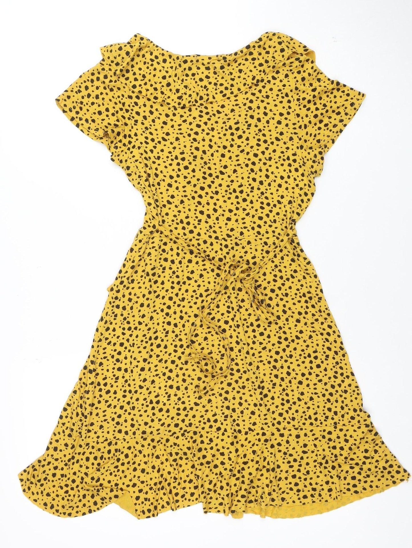 Boohoo Women’s Yellow Animal Print Wrap Dress Size 10 Short Sleeve