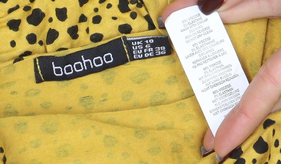 Boohoo Women’s Yellow Animal Print Wrap Dress Size 10 Short Sleeve