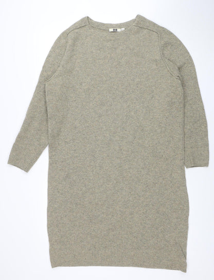 Uniqlo Women Beige Wool Knit Sweater Dress M 3/4 Sleeve Crew Neck
