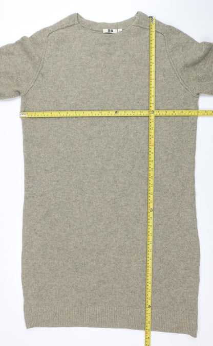 Uniqlo Women Beige Wool Knit Sweater Dress M 3/4 Sleeve Crew Neck