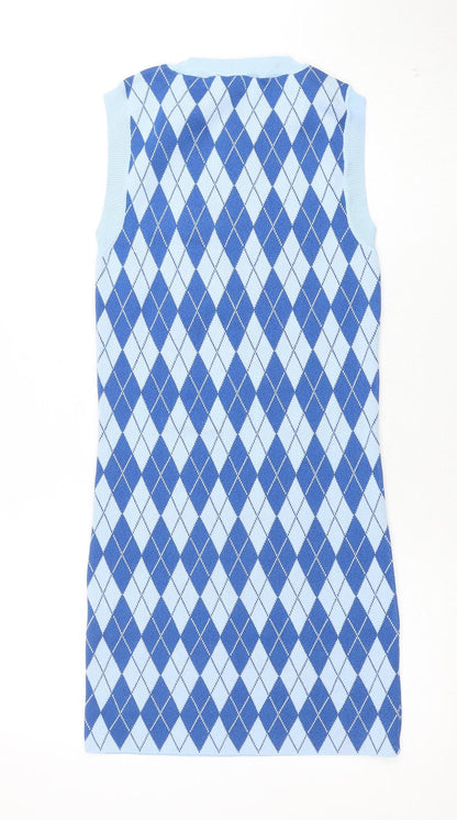 ZARA Women Blue Argyle Sleeveless Knit Shift Dress Size 10