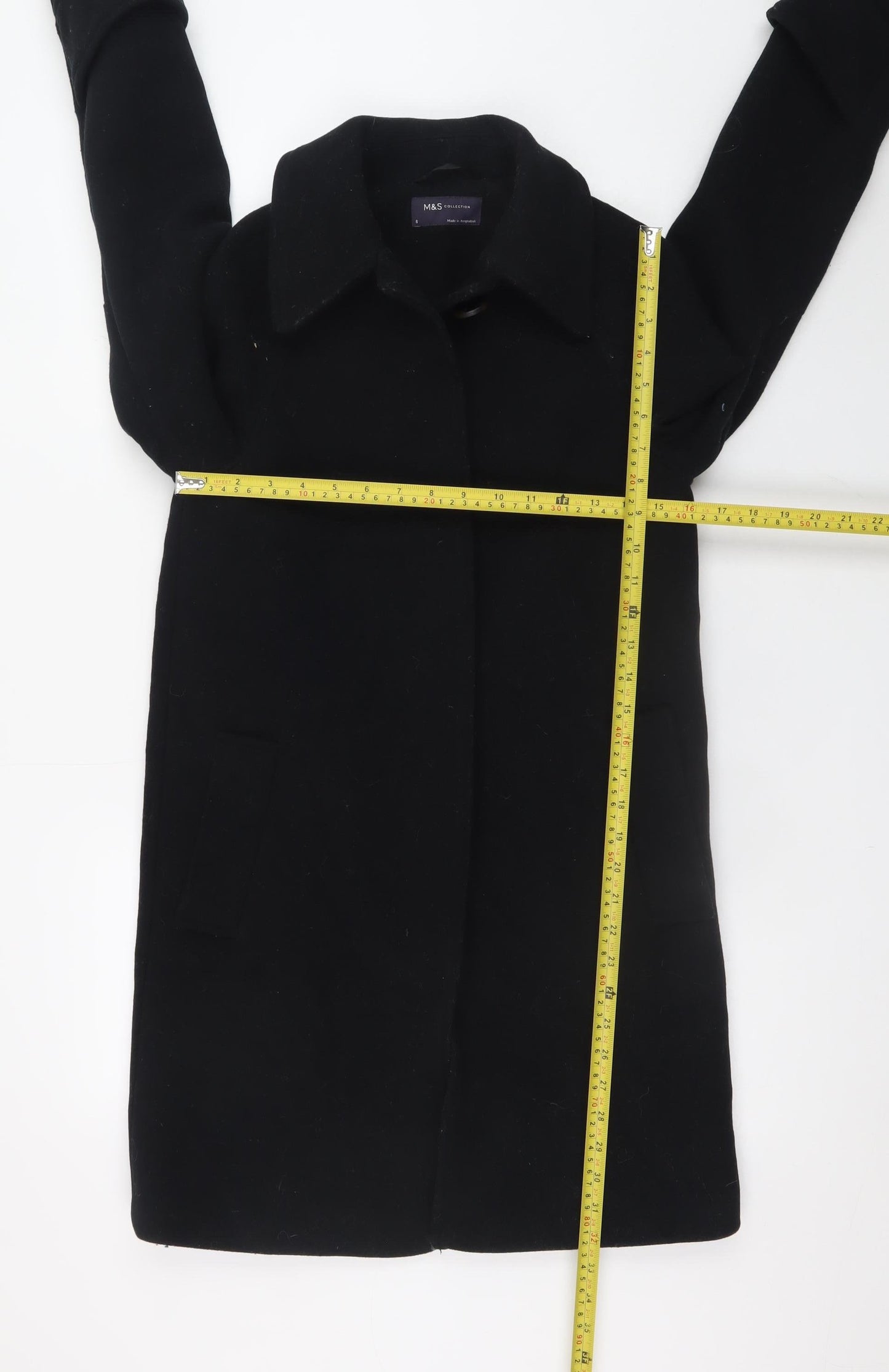 Marks and Spencer Women's Black Wool Blend Mid-Length Overcoat Size 6