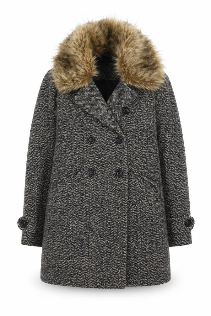 Warehouse Women's Grey Wool Blend Fur Collar Pea Coat Size 10