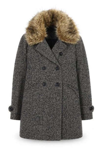 Warehouse Women's Grey Wool Blend Fur Collar Pea Coat Size 10