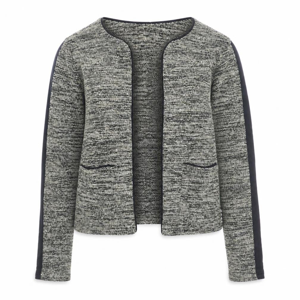Front view of Miss Selfridge Women’s Grey Tweed Open Blazer Jacket, size UK 10
