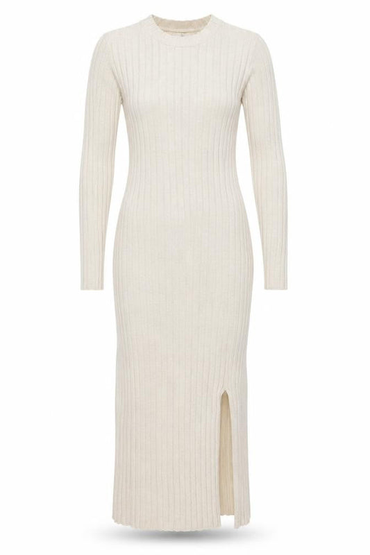 Front view of H&M Teens Beige Long Sleeve Rib Knit Bodycon Dress, size 8-10