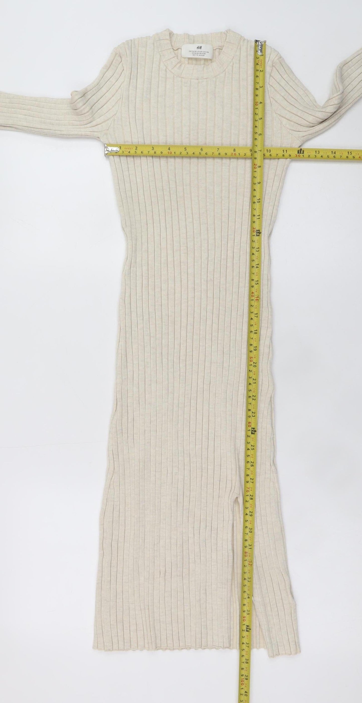 H&M Teens Beige Long Sleeve Rib Knit Bodycon Dress Size 8-10