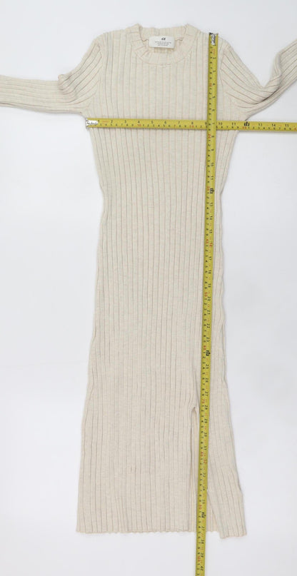 H&M Teens Beige Long Sleeve Rib Knit Bodycon Dress Size 8-10