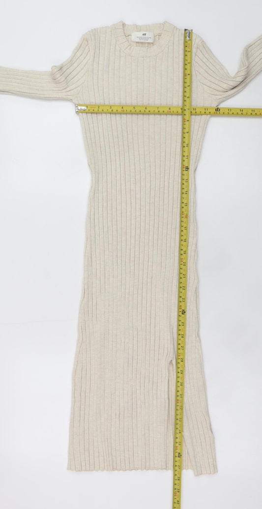H&M Teens Beige Long Sleeve Rib Knit Bodycon Dress Size 8-10