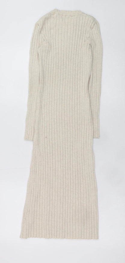 H&M Teens Beige Long Sleeve Rib Knit Bodycon Dress Size 8-10