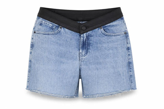 Front view of Social Tourist unisex blue denim frayed shorts size w28 regular fit