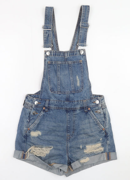 H&M Divided Women's Blue Denim Distressed Dungaree Playsuit Size 6