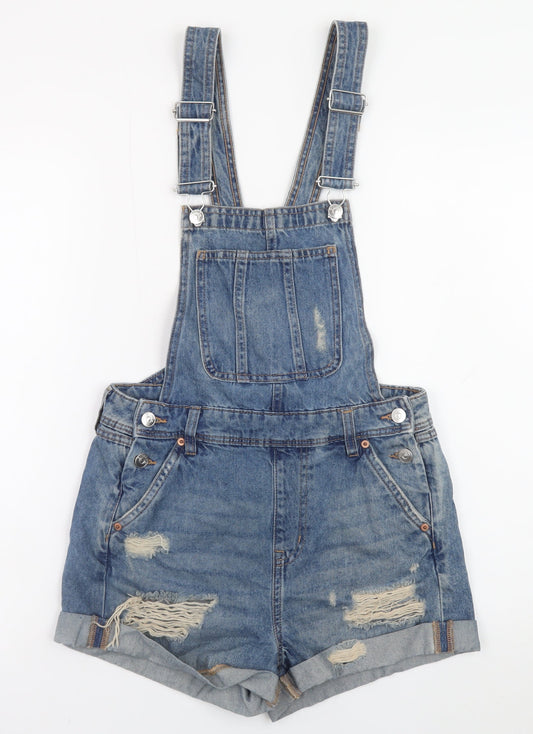 H&M Divided Women's Blue Denim Distressed Dungaree Playsuit Size 6