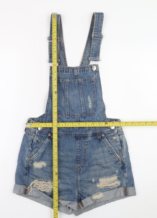 H&M Divided Women's Blue Denim Distressed Dungaree Playsuit Size 6