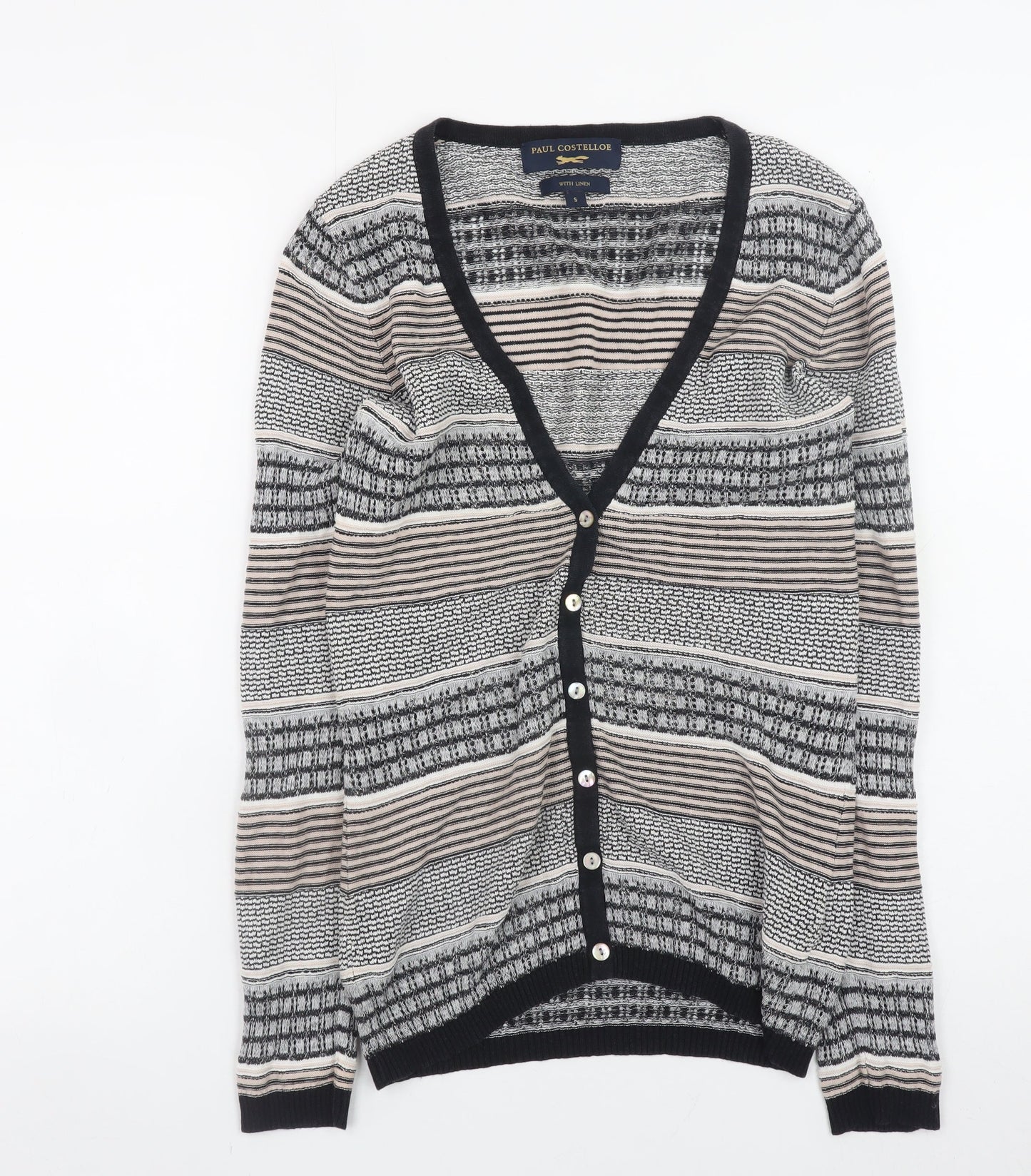 Paul Costelloe Women’s Beige Striped Linen Blend V-Neck Cardigan Size S