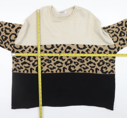 ONLY Womens Beige Leopard Print Crew Neck Jumper Size L