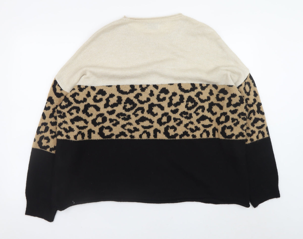 ONLY Womens Beige Leopard Print Crew Neck Jumper Size L