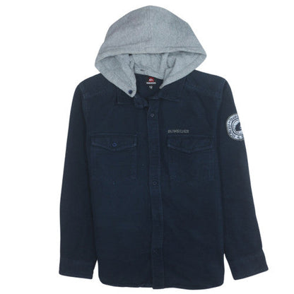Quiksilver Men's Navy Blue Hooded Button-Up Shirt Size 12 Regular Fit