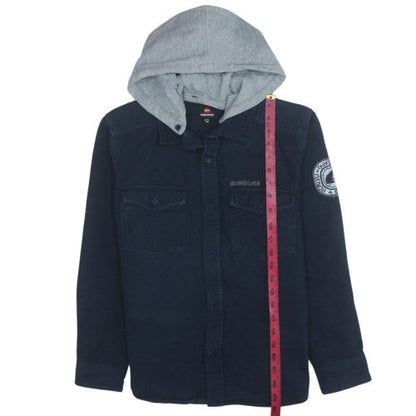 Quiksilver Men's Navy Blue Hooded Button-Up Shirt Size 12 Regular Fit