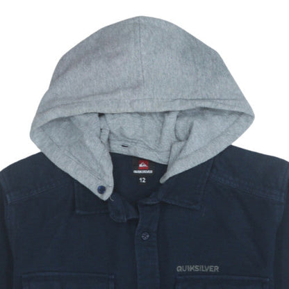 Quiksilver Men's Navy Blue Hooded Button-Up Shirt Size 12 Regular Fit