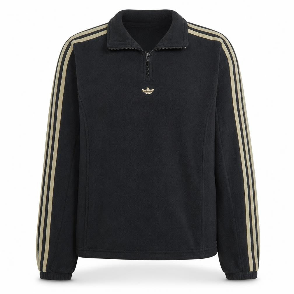 Front view of Adidas women’s black 1/4 zip sweatshirt, size UK 14, gold stripe logo fleece