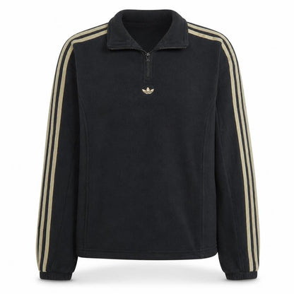 Front view of Adidas women’s black 1/4 zip sweatshirt, size UK 14, gold stripe logo fleece