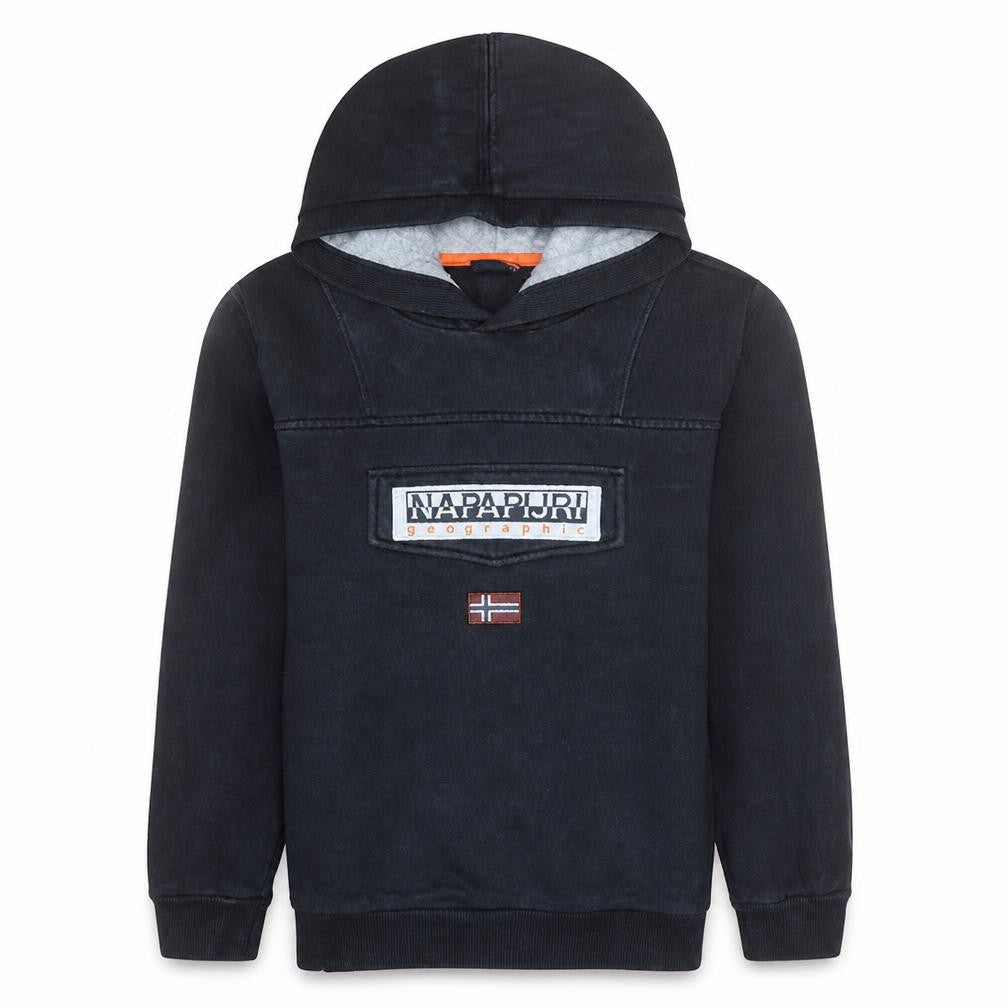 Front view of Napapijri boys’ black pullover hoodie 10 years logo fleece sweatshirt