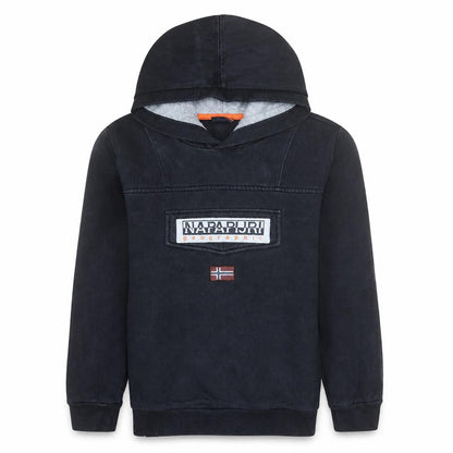 Front view of Napapijri boys’ black pullover hoodie 10 years logo fleece sweatshirt