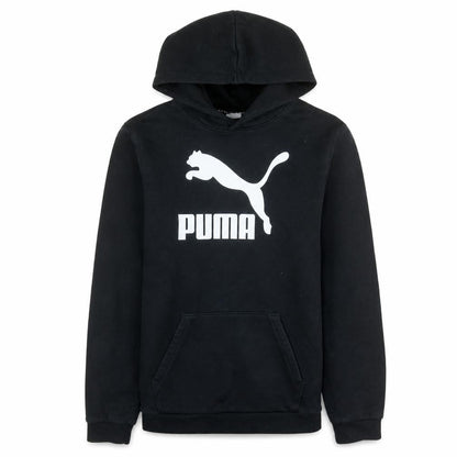 Front view of Puma boys’ black hoodie 15-16 years pullover fleece logo sweatshirt