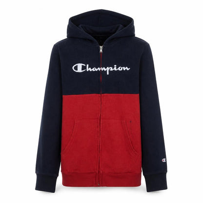 Front view of Champion boys’ navy red full zip hoodie, size 13-14, years cotton blend