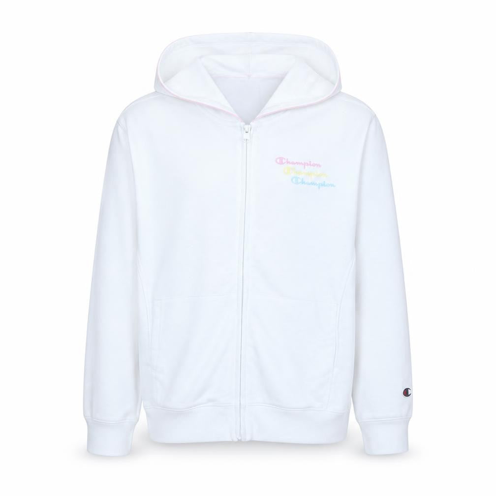 Front view of Champion girls’ white full zip hoodie 2xl logo cotton blend sweatshirt