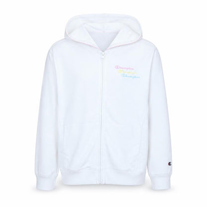 Front view of Champion girls’ white full zip hoodie 2xl logo cotton blend sweatshirt