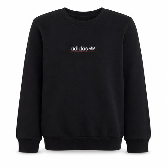 Front view of Adidas boys’ black crew neck pullover sweatshirt 14 years