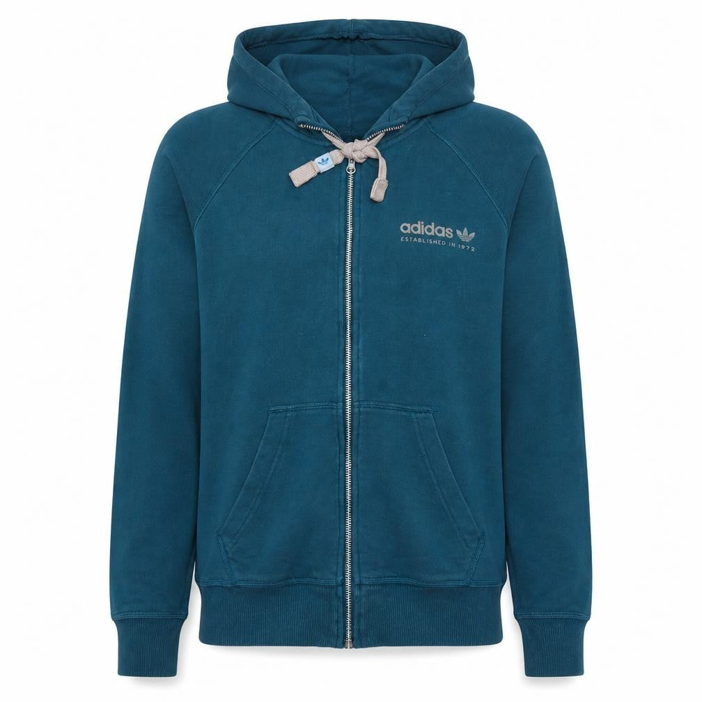 Front view of Adidas women’s teal full zip hoodie, size UK 10, cotton blend casual
