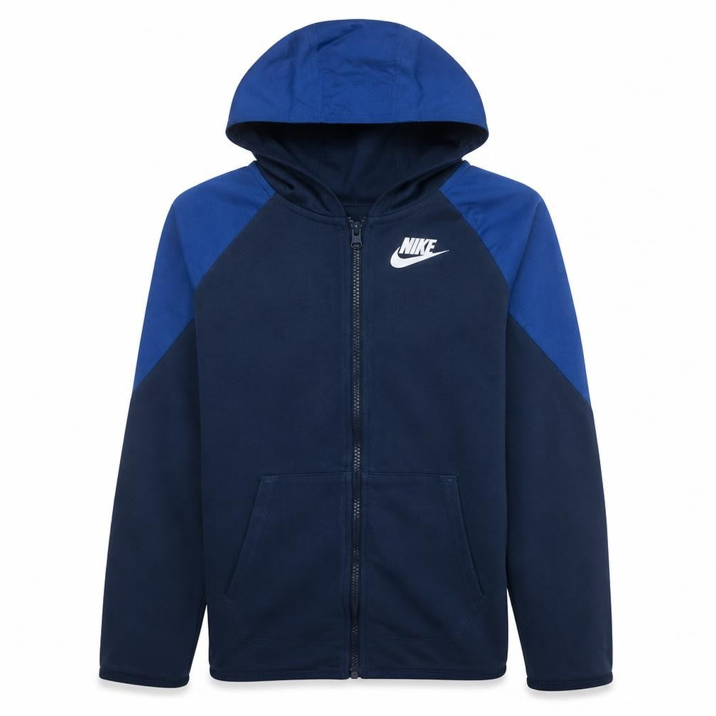 Front view of Nike boys’ blue full zip hoodie xl 158-170cm standard fit fleece sweatshirt