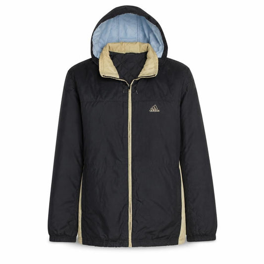 Front view of Adidas women’s black hooded puffer jacket, size L, lightweight winter coat