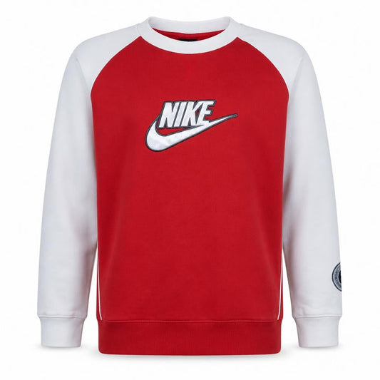 Front view of Nike boys’ red white pullover sweatshirt l 13-14 years crew neck logo