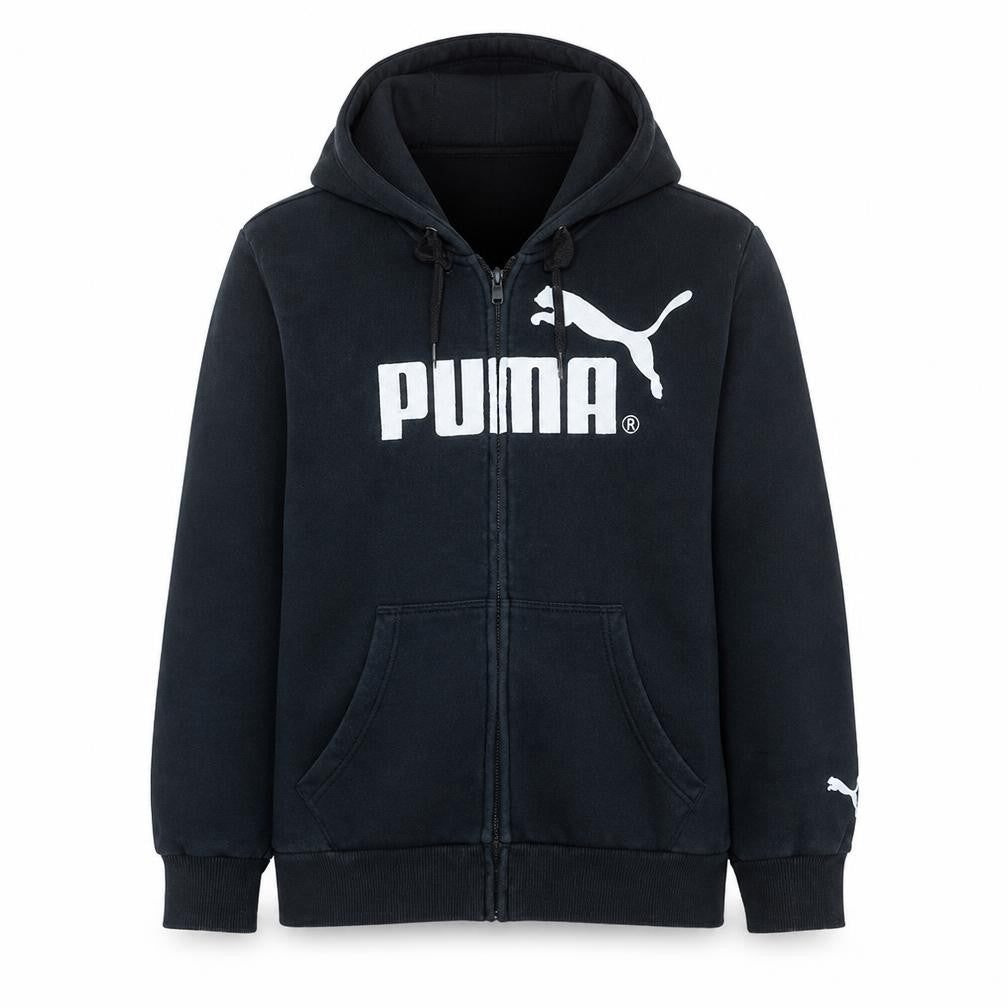 Front view of Puma men’s black full zip hoodie l logo fleece sweatshirt