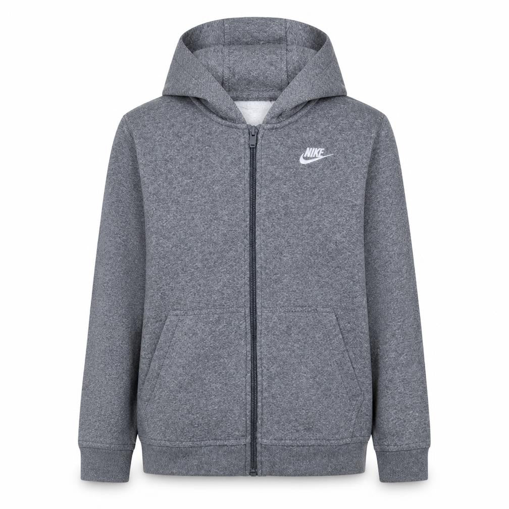 Front view of Nike boys’ grey full zip fleece hoodie l regular fit