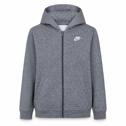 Front view of Nike boys’ grey full zip fleece hoodie l regular fit
