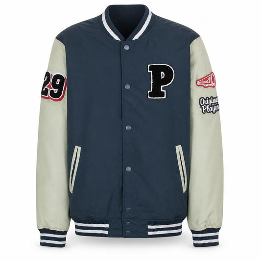 Front view of H&M Teens Blue Varsity Jacket, size 164, Polyester Lined Casual