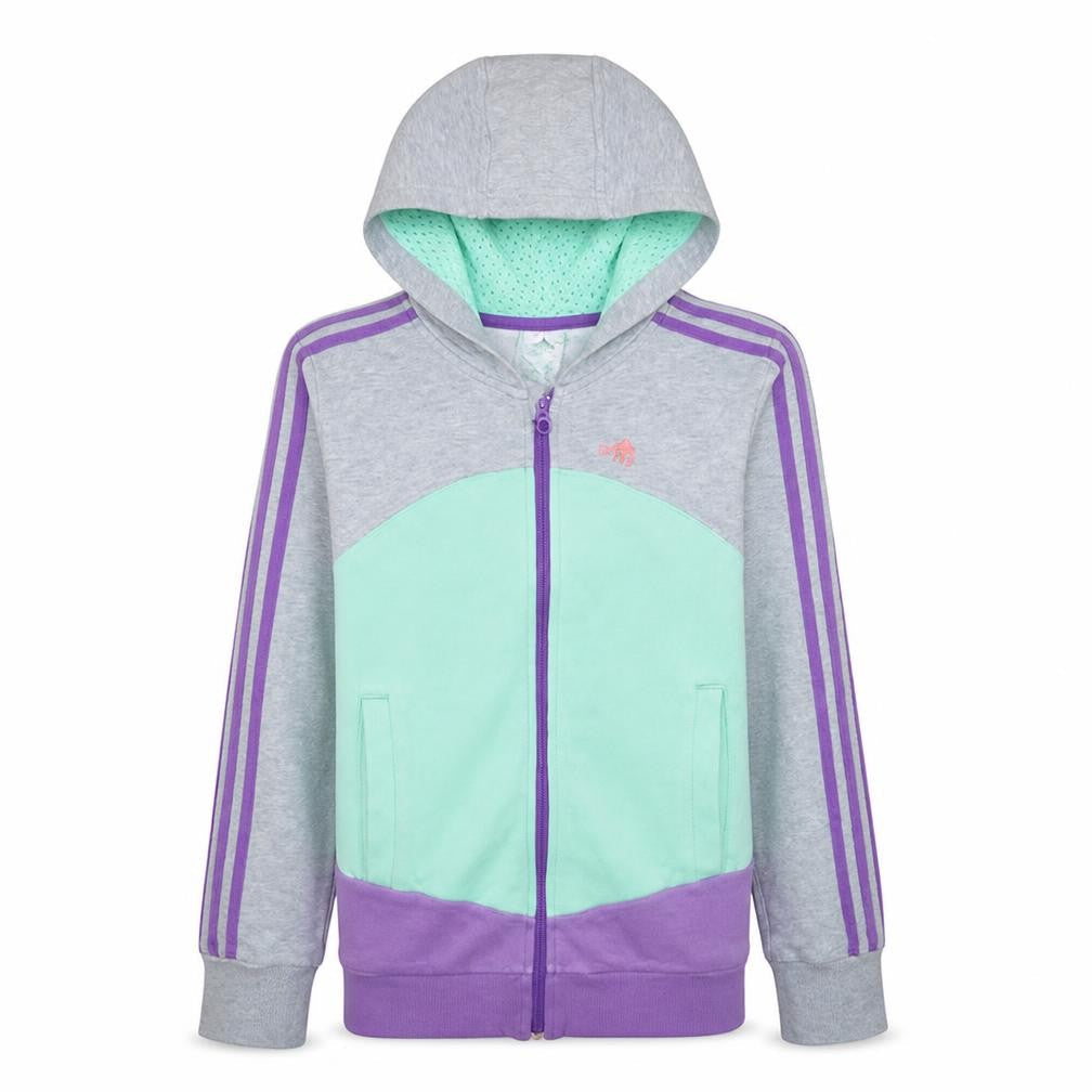 Front view of Adidas girls’ grey colourblock full zip hoodie age 13-14 years