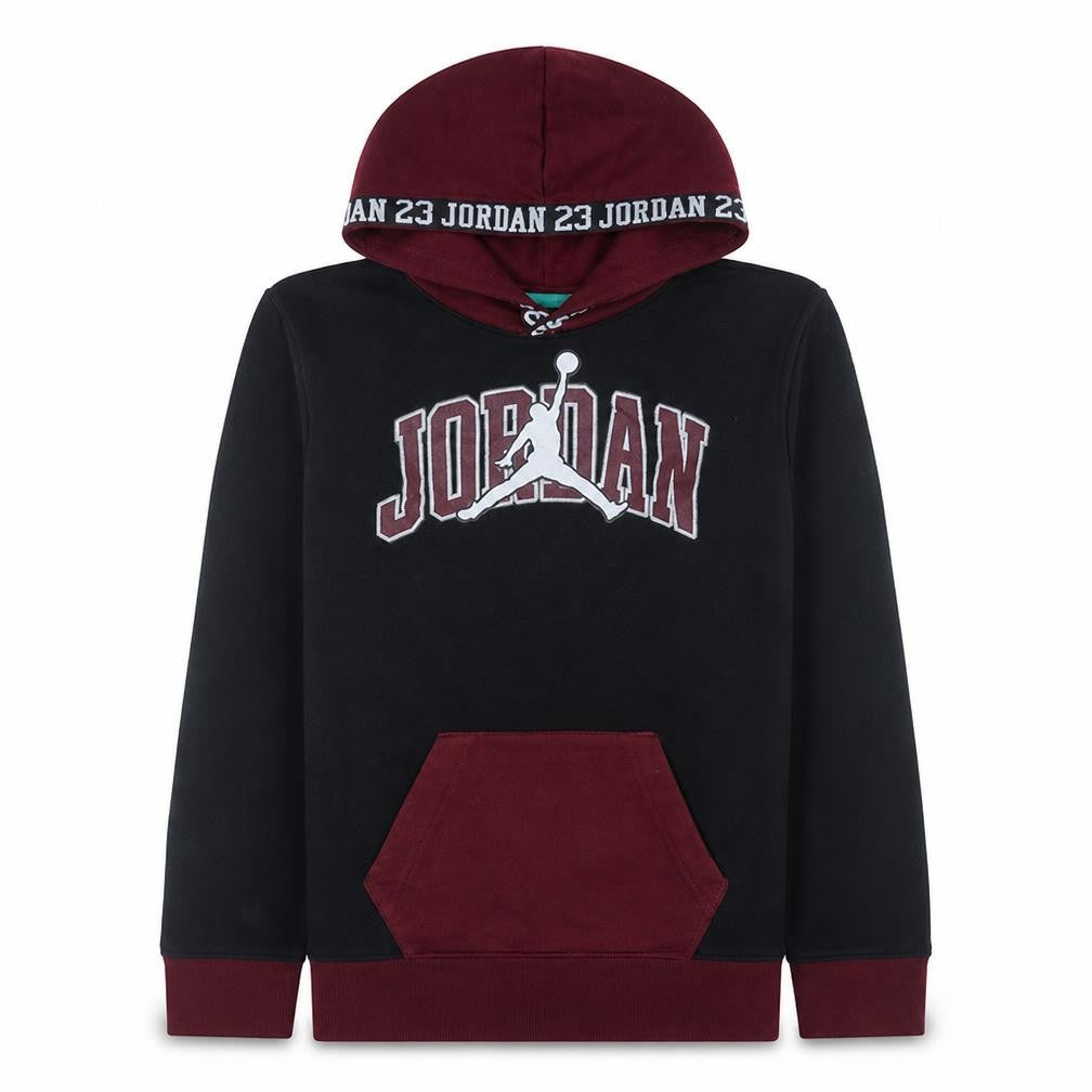 Front view of Jordan boys’ black & burgundy pullover hoodie 12-13 years fleece lined