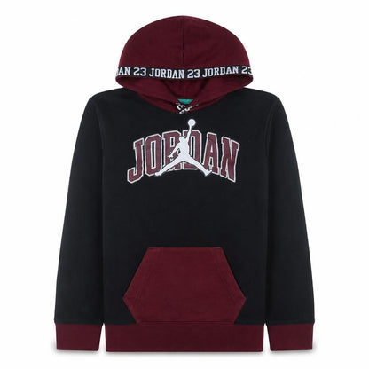 Front view of Jordan boys’ black & burgundy pullover hoodie 12-13 years fleece lined