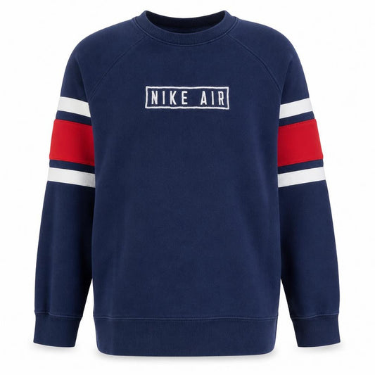 Front view of Nike boys’ blue xl crew neck pullover sweatshirt with logo detail