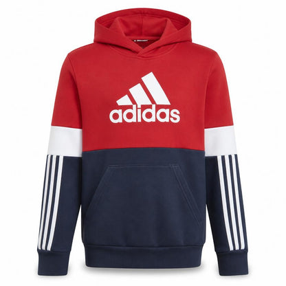 Front view of Adidas boys’ red navy colourblock pullover hoodie 13-14 years fleece logo